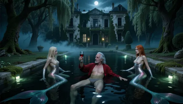 Fantasy setting, high end cinematic CGI render with subtle imperfections and saturated dark green tones, masterpiece photorealistic dark fantasy scene, extremely dark low ke, wide angle elevated top down viewpoint, an ancient rectangular stone swimming pool at night in the neglected garden of a grand abandoned villa, the large ivy covered villa rises clearly in the background with weathered stone walls, tall dark windows, old balconies and architectural details disappearing beneath dense ivy, moss and climbing vines, enormous weeping willows surround the garden, their moss covered branches hanging toward the water, dense bluish silver fog drifts between the villa, trees and pool and forms low layers directly above the water, pale moonlight breaks through the mist and reflects like liquid silver across the almost black surface, faint aged underwater pool lights flicker irregularly from below in muted blue green tones, creating mysterious caustics beneath the surface, extremely low key exposure, deep saturated blacks, intense local contrast, an extremely thin old man, 80 years old, relaxes deep inside the pool, his head and shoulders emerging above the surface while his chest, stomach, hips, legs and feet remain clearly submerged beneath him and visible through the transparent dark water, his submerged body distorted by realistic refraction, silver reflections and moving caustic patterns, he wears a worn dark red morning robe completely soaked and floating loosely underwater around his body with faded gray swimming shorts beneath it, long disheveled gray hair, deeply lined face, hollow cheeks, long narrow nose, pleasantly drunk dreamy expression, he raises a glass of red wine above the water in an imaginary toast toward the moon, two extraordinarily beautiful adult mermaids, 26 years old and 28 years old, approach him silently through the water from different directions, one blonde and one redheaded, unmistakably mythical aquatic beings with natural human faces and skin transitioning organically across the torso into delicate pearlescent aquatic scales and then into colorful iridescent fish tails, thousands of individually resolved overlapping scales, powerful tail fins and translucent secondary fins, subtle shell and pearl ornamentation integrated naturally into their aquatic appearance, long wet hair flowing freely around their shoulders and through the water, highly detailed skin pores, eyelashes, realistic eyes and individual hair strands, their anatomy organic and fantastical, their movements graceful, independent and curious as they inspect the unusual visitor, ripples and reflections moving around them, weathered pool edges thickly reclaimed by moss, ferns, ivy and trailing vegetation, damp stone glistening in moonlight, deep volumetric fog, drifting moisture, faint distant light behind several villa windows, strong atmospheric depth, rich black shadows, silver rim light, realistic wet textures, cinematic full frame realism, 35 mm lens