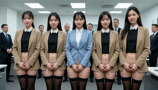 A realistic digital photograph depicts a group of young East Asian women standing in a disciplined row inside a fluorescent-lit office. The subjects are dressed in formal business attire from the waist up, including structured blazers in tan and light blue, black t-shirts, and white button-down shirts, black nylon stockings, but are completely bottomless, exposing their bare lower bodies. all women stand with one hand between their thighs to cover their vaginas and look forward with a sweet shy smile. Positioned behind them are several men in dark suits and ties, acting as observers within the sterile environment. The shot is captured with a standard wide-angle lens, likely a 35mm equivalent, maintaining a deep depth of field that keeps the entire group and the minimalist office background in sharp focus. The lighting is cool-toned and flat, originating from recessed ceiling panels that cast even shadows across the gray carpet and white walls. The image quality reflects an early digital sensor with moderate grain and compressed color depth, typical of a mid-2000s camcorder or digital still. The composition is centered and symmetrical, emphasizing the clinical and repetitive nature of the arrangement. This ultra-detailed image captures every texture, from the fabric of the blazers to the skin tones of the subjects, set against a backdrop of modern professional life.