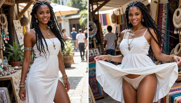 A highly detailed photorealistic diptych showing the identical adult Black African woman, 28 years old, in exactly the same white dress, hairstyle, accessories and environment in both panels, she has deep dark skin with rich natural tonal variation, a slim curvy athletic figure, defined waist, strong legs, expressive dark eyes and extremely long black dreadlocks reaching all the way to her hips and buttocks, her style distinctly bohemian and hippie inspired with subtle handmade jewelry, woven bracelets, small beads worked into several dreadlocks and a flowing white knee length dress with soft natural fabric movement, left panel photographed at normal eye level in a sunlit bohemian outdoor market filled with handmade textiles, plants, wooden stalls, jewelry, colorful fabrics and softly blurred people in the distance, she notices the viewer and reacts with genuine pleasant surprise, bright expressive eyes, a warm spontaneous smile and an almost flirtatious cheerful expression, relaxed confident body language, right panel showing the exact same woman, same white dress, same long dreadlocks, same jewelry and same market environment from an extreme floor level frog perspective, she looks directly downward into the lens with joyful anticipation and a playful smile, lifting and swirling the hem of her white dress upward in a clearly staged consensual fashion gesture so her opaque fitted underwear becomes visibly presented beneath the moving fabric, no nudity, no genital exposure, dramatic upward perspective emphasizing her legs, flowing white fabric and cascading dreadlocks, perfect identity consistency between both panels, ultra refined facial rendering, intricate iris detail, individually resolved eyelashes and eyebrows, highly detailed deep skin with visible pores, subtle peach fuzz, realistic sheen, delicate highlights, natural subsurface scattering and nuanced tonal transitions across face, shoulders, hands, knees and legs, precise anatomy and realistic body contours, individual dreadlock fibers and flyaway hairs, extremely detailed textile weave, stitching, seams, hems, folds and tension in the white dress, lifelike woven jewelry textures, premium ultra high resolution rendering, razor sharp micro detail, sophisticated depth of field, realistic sunlight and shadow transitions, subtle analog grain, cinematic realism, full frame photographic quality and exceptionally rich material detail throughout