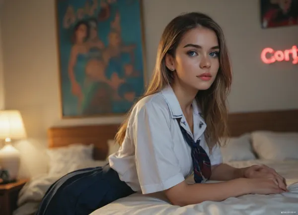 1 woman, very beautiful, Alisa Mikhailovna Kujo from Alya Sometimes Hides Her Feelings in Russian, 18 years, college uniform, bedroom, neon lights on the wall, night, <lora:MJ52:.8>, but, <lora:BUT_SDXL_SHS:.8>, Thai, school, uniform, <lora:Thai_public_school_uniform-000008:.8>