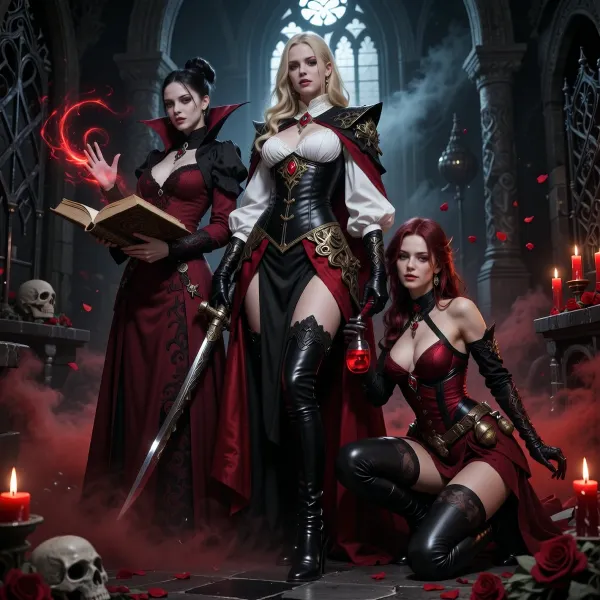 A dramatic dark gothic fantasy illustration depicting the three vampire brides of Strahd together inside an ancient crypt beneath Castle Ravenloft. The scene is cinematic, sinister, decadent and richly atmospheric, lit by red candles, cold moonlight through tall gothic arches, and swirling crimson mist close to the floor. Black stone, skulls, ironwork, scattered rose petals and ornate gothic details fill the background.

On the left stands Ludmilla Vilisevic, an elegant dark-haired vampire scholar and arcane controller. She has very pale skin, refined features, and a cold intelligent expression. Her long dark hair is styled in an aristocratic updo with subtle jewelry. She wears a floor-length burgundy, black and crimson gothic gown with embroidery, fitted sleeves and dark jewelry. She holds an ancient open spellbook in one hand, while the other is raised, surrounded by swirling crimson-black arcane energy like blood magic. She appears composed, calculating and intellectually dangerous.

In the center stands Anastrasya Karelova, the protector and martial guardian of the trio. She is tall, imposing and aristocratically beautiful, with very pale skin and long pale blonde hair in loose braids and waves. Her expression is proud, calm and commanding. She wears a striking black, ivory and dark red duelist outfit, an ivory blouse with voluminous sleeves under a fitted black corseted coat with brocade, gold filigree, red gemstones, a long dark red cloak and tall black leather boots. She carries an elegant ornate rapier held downward at her side. Her posture is upright, controlled and protective, clearly standing as the dominant centerpiece and bodyguard of the three.

On the right crouches Volenta Popofsky, the feral predator of the trio. She has very pale skin, wild dark crimson-red hair, predatory eyes, visible fangs and a cruel delighted grin. She leans forward in an aggressive hunting pose, eager for violence. She wears asymmetrical black and blood-red gothic leather with straps, buckles, fingerless gloves and high leather boots. Small alchemical vials hang from her belt. She grips a bloodstained dagger in one hand and a small glass vial of glowing red liquid in the other. She looks like a vicious vampire assassin and unstable alchemist.

The composition should clearly show their different roles while keeping them visually unified, Ludmilla as arcane intelligence on the left, Anastrasya as the dominant protective centerpiece, and Volenta as the crouching violent predator on the right. Full-body or near full-body composition, slightly low camera angle, painterly realism, highly detailed fantasy illustration, rich gothic horror atmosphere, dark romantic horror, realistic anatomy, no modern elements.