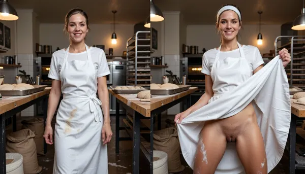 A highly detailed photorealistic diptych showing the identical adult woman, 28 years old, in exactly the same bakery work outfit, hairstyle, accessories and bakehouse environment in both panels, she is a cheerful baker with a soft feminine face, healthy sturdy build, natural body proportions and a warm approachable presence, wearing traditional white bakery work clothing consisting of a simple white work dress and a long white apron reaching well below the knees, lightly dusted all over with flour, with traces of flour across the apron, sleeves, skirt, hands and a little on her cheeks and hair, her hairstyle practical yet flattering, left panel photographed at normal eye level inside a working bakery kitchen surrounded by wooden worktables, trays of dough, sacks of flour, metal racks, baking tools, warm ovens and softly glowing bakery lighting, she notices the viewer and reacts with genuine pleasant surprise, bright eyes, a warm spontaneous smile and an almost flirtatious cheerful expression, relaxed lively body language, right panel showing the exact same woman, same white work dress, same long white apron, same flour covered appearance and same bakery environment from an extreme floor level frog perspective, she looks directly downward into the lens with joyful anticipation and a playful smile, lifting and swirling the hem of her work dress and apron upward in a clearly staged consensual fashion gesture so her opaque fitted underwear becomes visibly presented beneath the moving fabric, no nudity, no explicit exposure, dramatic upward perspective emphasizing the layered white fabrics, her legs, the movement of the apron and her direct downward gaze, perfect identity consistency between both panels, identical facial structure, body proportions, outfit, accessories, lighting and surroundings, ultra refined facial rendering, detailed irises, crisp eyelashes, visible pores, soft natural skin sheen, subtle flour dust clinging realistically to skin and fabric, highly detailed hands and fingers, realistic flour texture on clothing and exposed skin, extremely detailed textile rendering with visible weave, seams, stitching, hem construction, folds, creases and tension lines, premium high resolution rendering, razor sharp micro detail, realistic warm bakery light, subtle analog grain, cinematic realism, full frame photographic quality and exceptionally rich material detail throughout