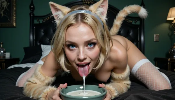 Fantasy setting, cgi render with imperfections, saturated dark green color style, the viewpoint is an extreme ultra close frontal macro focused on the womans face, the lens almost touching her face so that her face dominates the image in the immediate foreground while her entire body still remains visible in the frame through dramatic wide angle perspective and deep spatial composition, the main visual emphasis is on her eyes and tongue, ultra detailed irises, vivid blue cat eyes with clearly visible vertical slit pupils, realistic reflective corneas, highly detailed eyelashes, realistic pores, individual blonde hair strands, and her tongue extending downward into the milk, adult woman, 20 years old, slim athletic build, very long legs, shaggy short blonde hair, playful feline inspired cosplay, two small realistic cat ears made from soft blonde faux fur securely attached to a discreet plastic headband and naturally integrated into her hairstyle, blonde faux fur arm warmers extending toward the elbows, a long soft blonde faux fur costume cat tail attached at the waist, white fishnet thigh high stockings, firm small breasts, extraordinary long erect nipples, she kneels beside a small ceramic bowl of milk in a romantic bedroom and lowers her face playfully toward it in a humorous catlike gesture, her expression mischievous, cheerful and teasing, elegant feline body language, her face enormous in the foreground, her body receding behind it yet still fully readable from head to toe, strong focus on the extreme face detail and the tongue touching the milk surface, subtle milk reflections, shallow depth of field but with enough clarity to preserve the full body silhouette, the shadow scenario is enveloped in the deepest darkness imaginable, filled with thick swirling dark steam, ultra realistic, 32k, masterpiece 1 point 4, high detailed skin 1 point 1, high quality 1 point 1, ultra high res 1 point 4, beautiful cinematic lighting 1 point 4, strong micro contrast, premium full frame photography look, cinematic realism, playful, surreal, whimsical, highly detailed, masterpiece quality, surrounded by a spacious dark bedroom with a sophisticated dungeon inspired aesthetic, a large black metal bed as the central element layered with soft dark bed sheets, thick blankets and several comfortable pillows creating a cozy contrast to the severe surroundings, matte black walls and heavy black blinds covering the windows, low warm practical lighting with deep shadows, dark wood and black metal shelving filled with neatly arranged adult bondage accessories, leather cuffs, straps, collars, harness style accessories and folded latex garments, a decorative whip mounted visibly on one wall beside metal hooks and dark framed artwork, additional latex accessories displayed on shelves, subtle chains and polished metal fixtures integrated into the interior design, a few candles and small lamps adding warm amber highlights, rich textures of leather, latex, brushed steel, heav