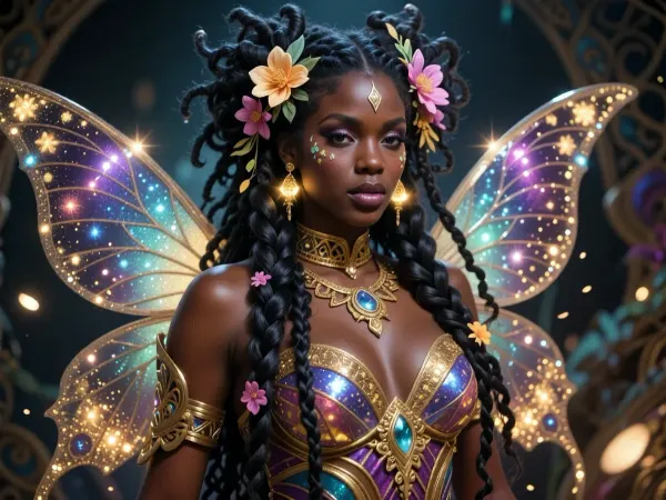 magical Nigerian fairy queen with long flowing tribal afro braids woven with glowing flowers. Wearing an enchanting fantasy carnival costume with sparkling butterfly wings and gold dust. Mystical atmosphere, hyper-detailed fantasy art style, vibrant colors, 4k.