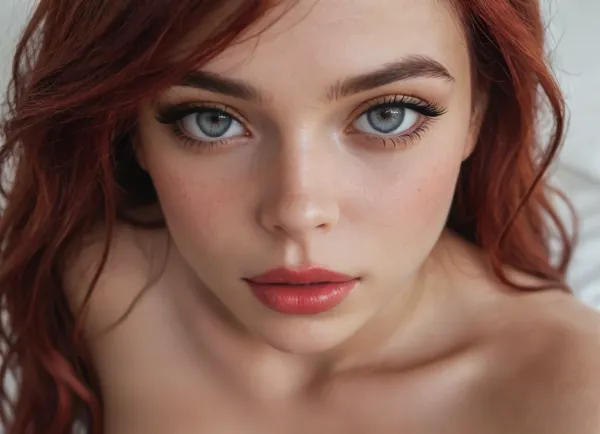 A charming, beautiful, pretty girl, a stunning, seductive beauty, (Ariel:1.2), exceptionally perfect, incredibly sexy and super‑fuckable, (boldly looking at the viewer with sensual and erotic intensity:1.8), (large, extremely sexy, alluring, seductive light‑colored eyes:1.5), long dark eyelashes, perfect dark, sexy, seductive makeup, bright red lipstick, (perfect natural lips that you want to kiss:1.2), (long red hair:1.4), (close‑up:1), the ideal female body, (every part of her body is beautiful, seductive, sexy, and perfectly proportioned:1.4), slender and athletic, narrow shoulders and chest, seductive figure, (very natural, huge breasts:1.3), small areolas, erect nipples, (beautiful, smooth, toned, tiny hairy pussy:1.4), thin waist, (wide hips:1.4), gap between the hips, perfect butt, small hips, beautiful long legs, (huge, ideal…)