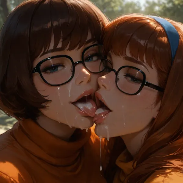 2girls, cum on nose, (facial), upper body shot. view from front above, Daphne Blake from Scooby Doo, Velma Dinkley from Scooby Doo, glasses. upper body photo, kissing tongues, saliva, open mouth, tongue out, lips, licking, SMILE, seductive, half-closed eyes, cum on tongue. cum dripping from side of mouth, cum dripping from tongue, facial, FACIAL CUMSHOT. CUM ON FOREHEAD. smile, horny face, naughty face, perfect light makeup, eyelashes, blushing, (dappled light, dappled sunlight), Photorealistic, Hyper-detailed, 8k resolution, Sharp focus, Masterpiece, Extremely high fidelity, (perfect detailed face), (high realistic), (extreme realism), Natural blemishes, freckles, moles, discolorations, Subsurface scattering, ., <lora:MJ52:1.8>, <lora:Jeweled eyes-NAI:1.8>, <lora:dark:1.2>, <lora:add-detail-xl:2>, <lora:aesthetic_anime_v1s:1.1>