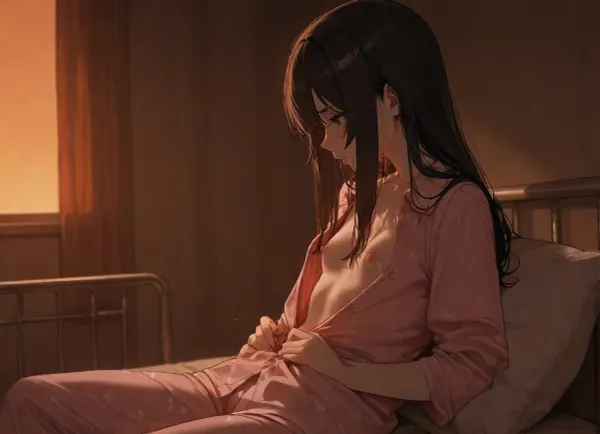 1girl, solo, shoulder length hair, dark hair, straight hair, messy bang, eye bags, looking down, (tears:1.3), skinny, extremely pale skin, (sitting upright in a hospital bed:1.3), (back supported by the pillow), wearing light pink pajamas, (pajama pants), (pajama shirt unbuttoned), (hands on shirt collar:1.3), (exposing small chest), (visible nipples:1.3), (unaroused inverted nipples:1.3), (view from waist up), (above waist), (no legs), orange sunset, lineart, LineAniAF, shirtspread, crying, <lora:LineAniRedmondV2-Lineart-LineAniAF:.8>, <lora:shirtspreadv10_SDXL:1.5>, <lora:crying:1.5>, <lora:dark:.8>, side view