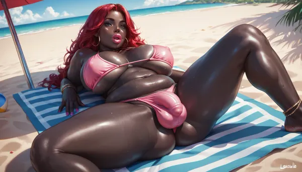 front view, testicles see, hot futa lie at beach, spread legs, long red hair, chubby, big breasts, penisbulge, big penis, big lips, pink bikini, black skin