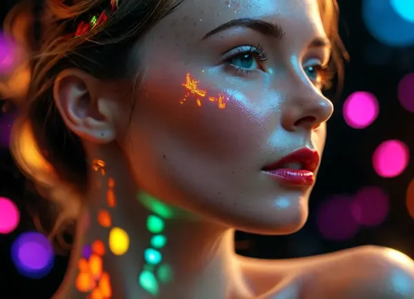 (smooth rendering and vibrant colors:1), artistic, low angle, side view, 40 yo, striking mature belle female, voronoi skin, blacklight background, aesthetic, professional, detailed, illustrated, natural beauty, shimmer glisten, maximum aperture, /KlTTY-ART/, <lora:COMFYUI_mimic_landscape_-_XL_SDXL v2.0:.1>, <lora:attractive_notrigger:.1>, <lora:MJ52:.1>, <lora:flat_chested_v3.5:.1>
