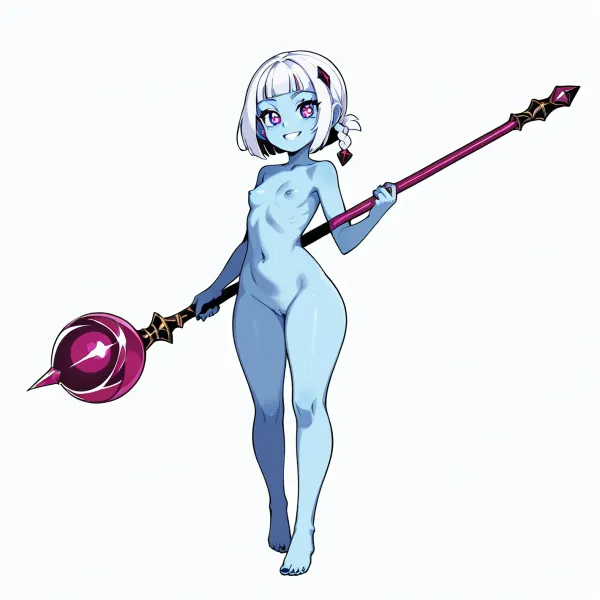 Full body shot, smaller girl, Kusu from Orphen, pale blue skin, (#CEE3FF), large violet almond-shaped eyes, long snow-white hair styled in a single thick side braid resting on her chest, her signature thin blue floating planetary ring orbiting above her head, naked, standing, holding her magical magenta staff with golden ends and a black sphere circled by a blue ring, looking at the viewer with a serene and slight smile, cartoon character, thick black outlines, bold simple lines, flat colors, cel shaded, mobile game art style, animated ad style, bright saturated colors, simple facial features, minimal shading, clean white background, 2D illustration, vector art style, cartoon network style, anime ad, heroic character, simplified details, high contrast, bold shapes, pop art influence, game advertisement, clear simple lines, vibrant colors, limon tits, big ass.