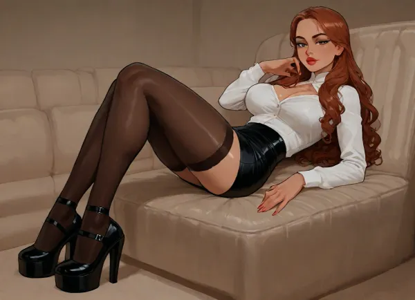 Incase style, Secretary girl, sexy pose, in the luxury office, long curled hair, black leather mini skirt, white blouse with a deep neckline, stockings, high‑platform shoes.Big fake lips, slutty makeup, <lora:Incase_Style__SDXL:1>, <lora:Nicky_XL:1>