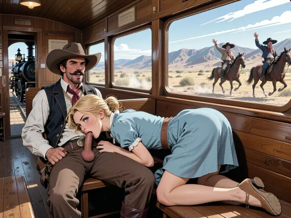 A scene from the Wild West in style of the 1860s, A very beautiful younger noble rich blonde innocent woman 18 yo with an elegant hairstyle with cute face, she dressed in light blue dress with lift up above the her butt dress. She travels in the carriage of a steam locomotive moving through the American Wild West. The carriage is simple, with polished wooden benches, polished wooden walls and ceiling. A man, dressedlike robber of the Wild West in cowboy hat, with waxed moustache is seated next to her With a mocking laugh. His trouser is unbuttoned and his erect penis and his hairy balls are visible. Young woman is lying facedown on the bench, head in his lap, sucking his cock, deepthroat, eyes wide. His hand on her head. As we drive past, the only things visible from the windows are mountain landscapes and unarmed Mexican bandits on horseback, waving their arms. Stylized manga-style illustration, elongated proportions, expressive eyes, graceful movements, dramatic but stylized lighting, gloomy elegance, emotional atmosphere, clear, precise lines, soft shading with subtle gradients, dot drawings, grayscale print texture, flat color fields, limited CMYK palette, contours in thick ink, retro offset printing, slight color shift, dynamic low-angle composition, bright midday sunlight, diagonal lines of movement, cinematic framing, retro energy of the comic panel