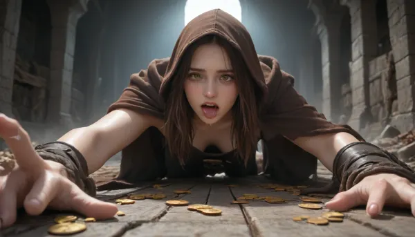 [young female adventurer 25 years old opening a living wooden treasure chest that is a monster, terrified expression, eyes wide open, mouth open in a scream, recoiling backward in shock, both hands still on the lid, leaning forward mid-flinch, leather armor, hooded cloak partly fallen back, satchel, belt with pouches, dagger at hip, brown hair with strands across face, sweat on forehead, torchlight on her face], [the mimic], rectangular wooden chest, flat hinged lid flipped wide open as a gaping maw, upper jaw is the open lid, lower jaw is the front rim, rows of long jagged yellowish fangs lining both edges, teeth of varying sizes, some broken, glistening saliva strands between rows, thick muscular purple tongue lolling far out of the opening, curling downward over the front panel, wet textured tongue dripping drool, multiple fleshy writhing tentacles bursting from beneath the chest, from the seams of the sides and back, tentacles with small round suction cups, slick with dark slime, curling and reaching toward the woman, some gripping the stone floor, the top of the open lid densely covered with dozens of malevolent staring eyes of many sizes, each with a slit vertical pupil and bloodshot yellow sclera, wet glossy surface, some half-lidded, some wide open, all staring at the woman, chest body made of weathered dark oak planks with visible grain and cracks, bound by rusted iron bands, corroded metal corner brackets, old iron lock on the front panel, wood transitioning into wet organic flesh at the seams, environment, dark underground dungeon, mossy stone walls, scattered gold coins, jewels and old bones on the floor, dim flickering torchlight, deep shadows, volumetric dust, faint greenish glow from the eyes, fog near the floor, style, dark fantasy horror illustration, hyperrealistic, cinematic dramatic lighting, high contrast, dynamic action shot, D&D Monster Manual art, concept art, 8k, ultra detailed, sharp focus