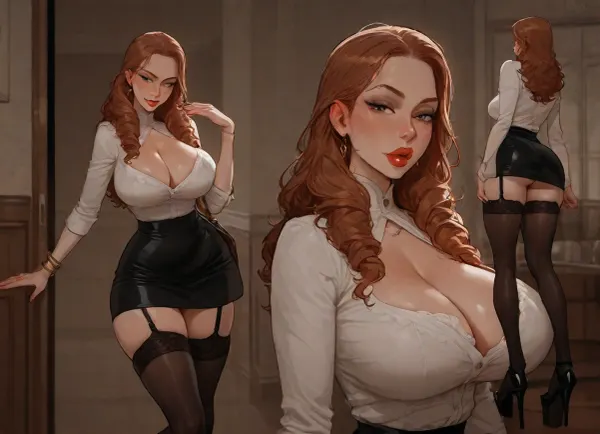 (Incase style), Secretary girl, sexy pose, in the luxury office, long curled hair, black leather mini skirt, white blouse with a deep neckline, stockings, high‑platform shoes.Big fake lips, slutty makeup, <lora:Incase_Style__SDXL:1>, <lora:Nicky_XL:1>