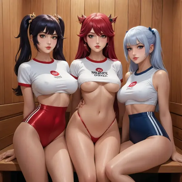 reiq style, All Girls Noelle xiangling xinyan rosaria amber barbara fischl Mona as adult from the game Genshin Impact, Sauna full-body image, dominatrix Yuri anime hentei girls gangang crossed_bangs gym uniform