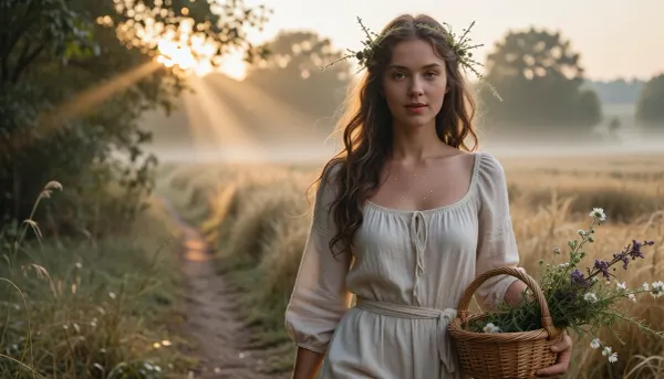 Beautiful young Slavic peasant woman in her early 20s walking toward the viewer along a narrow dirt path, medium full shot, sharp focus on her face and upper body, simple elegant cream linen dress with modest square neckline slightly damp from morning dew, long wavy chestnut hair with wildflowers and herbs woven in, warm golden sunlight illuminating her face, peaceful serene expression, calm harmonious eyes looking softly at the viewer, dewdrops on her skin eyelashes and collarbone, carrying a small wicker basket with freshly gathered herbs close to her hip, misty hay fields and trees in soft bokeh background, golden hour dawn, volumetric god rays through leaves, light fog, idyllic pastoral atmosphere, cinematic lighting, painterly photorealistic, ultra detailed face skin texture and linen fabric, masterpiece, best quality, 8k, intricate details, shallow depth of field