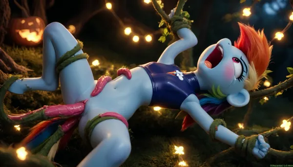 Solo, side view, in a forest, Petite, small, midget, ((Rainbow Dash with long Rainbow Dash hair, Rainbow Dash anthro my little pony furry yiff style art)), tiny titties, flat chest, ((blue skin tight latex croptop)), flat, chested, head thrown back, legs spread, night, intimate view, many flowering vines tentacles, flowering vines tentacles grabbing her legs, flowering vines tentacles holding her arm up, flowering vines tentacles tight around her abdomen, flowering vines tentacles strangling her neck, (fucked by flowering vines tentacles), penetration, insertion, vaginal, dripping pussy, tentacles, <lora:MS_Real_XL_Tentacles:.8>, sex, fucking, glowing body, bondage, vines penetrating vagina, vaginal penetration, screaming, crying, glowing lights, glowing vines, <lora:flat_chested_v3.5:1>, <lora:Pony_MLP_v1.8SDXL:1.9>