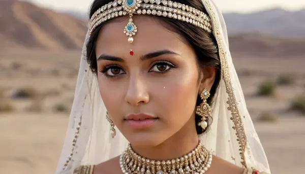 Masterpiece, realistic photography, of an enchanting Indian Moghul princess, 20 years-old, ultra-realistic, detailed body, detailed face, realistic body, realistic face, beautiful piercing brown eyes, realistic eyes, angelic face, sultry looking, distant look, 3/4 view, dry desert landscape, background, peaceful face, wearing tiara, and earrings, with pearl droplets, sexy Islamic outfit, close-up face, cinematic view, background blur, large format
