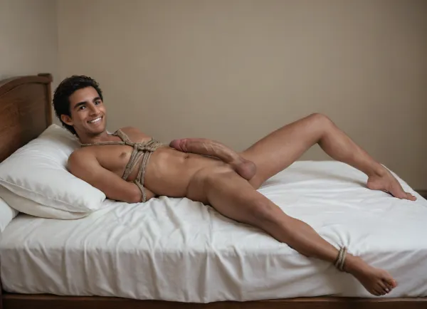 Masterpiece full body photo, cute man, (adult:1), (young:.2), naked, ((((alone)))), laying in bed, head on pillow, (showing off excessive cock:.92), cock has major dorsal recurve, big smile, legs spread apart, shibari, bound arms, bound hands, (masterpiece, best quality), perfect illumination, ((view from side)), 8K, UHD, sharp image, (best illumination), crystal clear image, best quality, ultra-detailed, fine detail, high res, highest quality, 8k wallpaper, high definition, ((highly detailed face)), <lora:JuggerCineXL2:.1>, <lora:photorealistic_portrait_notrigger:.1>, <lora:sdxl_vae:.5>, (Indian), (dark skin)