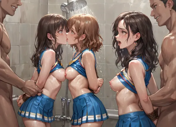 best quality, college student with brown hair, medium breasts, cheerleader uniforms, hands bound behind back, (forced lesbian kiss by men), group shower, brutal, crying, tears, scared