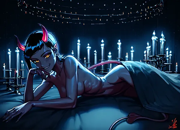 masterpiece, best quality, highly detailed, (anime:1.2), BREAK, (pov lying on side in bed), (extreme closeup focus on upper body:1.2), (solo), ((a gorgeous 25 year old white succubus with demonic, wings, horns, tail)), (nude, she is under the covers and in bed with viewer, lying next to viewer), (succubus has long black hair bob haircut), (wide open orange eyes), (5 fingers, perfect fingers:1), natural sagging c cup boobs, slim, athletic, gymnast body, smiling, aroused, horny, (extremely dim lighting with source only from candles, darkness, extremely dark room, romantic atmosphere:1.4), (extremely dark and romantic environment:1.2), (all lights are out in room, dim candle lights are the only source of lighting:1.2), (rose flower peddles in a line on the bed leading up to her beautiful pussy:1.2), (bedroom:1.2), (rose flower peddles scattered across bed, bottle of bourbon, heart shaped box of assorted chocolates), (fireplace:1.2), (dark moonless night, nighttime:1.2), (snowing outside), RAR, gwen, tennyson, (/Ben10), /, (ultra, HD, quality, details), bright, orange, hair, short, (green, eyes), <lora:Better Anime Backgrounds - [Background] - SDXL Version 1:.5>, <lora:Gwen Tennyson (Ben10) - XL SCXL V1.0:.8>