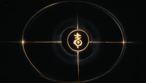 Six luminous energy lines radiate in dark space, alternating yin and yang as flowing currents of light, two lines pulse and transform, forming an I Ching hexagram suspended in a cosmic field. The structure stretches toward infinity, expressing order and change, a quiet tension between completion and return, the light gradually dissolving into endless space.