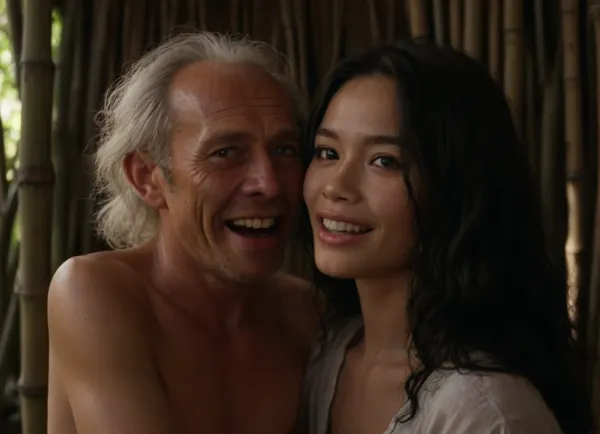 (a 20 years old Thai woman:1.4), with a beautiful dark skinned complexion, delicate features, and dark hair, (has joyful sex with ugly old man in a bamboo hut at palm beach:1.6), (a very old white man:1.5), anal penetration, (matured white wwoman:1.5), (grabs brutal in Thai woman's long black hair:1.7), (photorealistic:1.5), <lora:MJ52:.3>, <lora:photorealistic_portrait_notrigger:.4>
