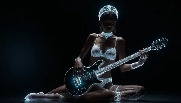 Create a hyper-realistic, highly detailed image of a confident, A 25-year-old Congolese nurse playing a guitar with, (perfect guitar playing posture:1.6), (ultra-dark skin:1.8), and a slender figure, (She wears a white glowing nurse cap:1.2), (white glowing silicone gloves:1.4), and, (an elegant white glowing lingerie:1.3), (plays a bright white glowing white electric guitar:1.7), (highly detailed rendered white glowing white electric guitar:1.7), and she directs a gentle smile towards the viewer, (wearing futuristic neon bright white glowing lingerie:1.7), The lingerie consists of separate pieces, like a delicate white glowing bra and matching white glowing G-string, (adorned with intricate white glowing straps and bondage-inspired elements:1.5), (white glowing G-string:1.7), (white glowing coarse-mesh nylon stockings:1.7), (The bright white glowing fabric is silky and translucent:1.2), (glowing with vibrant neon light:1.5), highlighting the skin beneath. The woman exudes strength and confidence, with a commanding presence and a hint of aloofness. Complement the look with a chunky, futuristic white glowing choker and a coarse, white glowing fishnet pantyhose, adding an edgy, slightly provocative touch. Emphasize the luminous glow of the fabric and the realistic texture of the skin, creating a visually stunning and powerful imagem, (maximum detail), (super realistic photo:1.4), DonMSp3ctr4lXL, holotech, <lora:DonMSp3ctr4lXL-000008:2>, <lora:dark:2>, <lora:detailed_notrigger:2>, <lora:Holotech:2>
