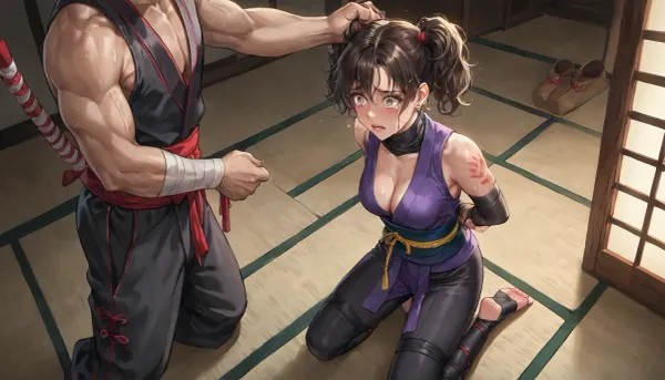 best quality, ninja girl with short brown hair in pigtails, athletic build, medium breasts, purple and black ninja costume with visible cleavage, (marks on arms), hands behind back, (man grabbing hair), kneeling, ninja dojo, afraid, tears