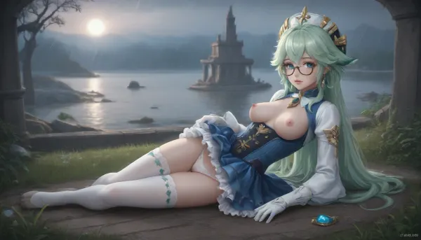 Gorgeous 35-Year-Old Girl, masterpiece, 8K, realistic, sexy eyes, perfect eyes, highest quality, high detail, detailed body proportions, five fingers, 5 fingers, visible vagina, shiny hair, nipple, (girl with aа-cup breasts), slender, athletic, street, city, forest, tropical, summer, sun, beach, mountain, grass, field, ruins, rain, snow, winter, clothed, cliche, checkered, fluffy dress, thigh-high stockings, lace, panties, detailed clothing, beautiful, cute, girl, standing, sitting, lying down, moving, dancing, talking, communicating with viewer, sucrose, genshin inpact, light green hair, disheveled, multi-colored, semi-rimmed, jewel, thigh-high stockings hips, headdress, Sucrose, ahoge, brown, eyes, glasses, gradient, hair, between, messy, multicolored, semi-rimless, eyewear, short, animal, ears, frills, fur, collar, gem, gloves, thighhighs, long, sleeves, white, headwear, zettai, ryouiki, skirt, blue, <lora:SucroseGenshinIXL:2>