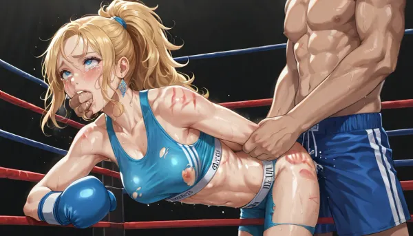 best quality, boxing girl with long blonde hair in a ponytail, athletic build, medium breasts, ripped blue sports bra and blue boxing trunks, (marks on body, marks on tits), (fucked from behind), fingers in mouth, boxing ring, humiliated, tears