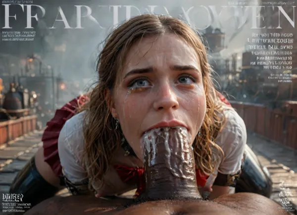 (Magazine cover "Pleasure":1.3), high POV, flat chested, (detailed Hermione Granger face), 18 year old adult girl, posing, pleased smirk expression, (detail wearing a plain tight red shiny latex Hogwarts Gryffindor school uniform, pleated violet latex mini skirt, black latex stockings), beautiful realistic pussy, (tight blouse:1.4), tits fully under clothes, (erect big nipples under clothes:1.5), (covered with thick cum:1.6), ((Hyper realistic:1)), (ultra HD image), 8k, UHD, super high quality, super high resolution, extremely detailed, perfect face, perfect eyes, (man is choking her from behind:1.4), ((hogtied, bound for sex, tied up)), (black eyes), (pale skin:1.3), cock in mouth, (brutal face fuck), Blowjob, (tears in eyes:1.5), (running makeup), (cum drips from nose:1.3), (cum explosion from mouth:1.65), ultra hd, photorealistic, hyper gigantic large black cock in mouth, (((hyper gigantic large black cock in mouth:1.3))), oral cream pie, hair grab, sad, sad crying, tongue out, gasping for air, highly detailed, high resolution, perfect lighting, natural lighting, holding head, deepthroat, black spiked pet collar with leash, tied up in chains, hands behind back, (anal:1.5), (masterpiece:1), hard nipples, hourglass waistline, perfect anatomic body, anal spitroast, gagging on cock, (pulled nipples:1.2), nipple clamps, spitroast, wide eyes, throat bulge, puffy cheeks, thick cum, holding her head with both hands, 35mm photograph, film, professional, 4k, 1girl, 5 boys, hdr, photographic, ultra realistic, ultra high details, back light, (front view), (dynamic pose), best quality, with large muscular black men, gargantuan black cocks, anal sex expansion, large hyper muscular black men, interracial gangbang, (interracial sex), swollen black veiny cocks, (double anal penetration), hardcore double penetration, proper physics, big black cocks, muscular black interracial gangbang, (forceful penetrations), extremely graphic, beautiful hands, massive cum in ass, (side view), realistic lighting, soft shadows, high detail, hyperrealistic, 8K, BadX, dvr-shrp, Stable-Yogis-Makeup-Enhancer-XL, porn photoshoot, detailed skin, on the roof, steam locomotive, steampunk, fog, steam, blushing, DETAILED background, spectacular lighting, (huge dick), (creamy deep deepthroat:1.12), (extreme oral sex:1.4), (huge massive white dick:1.4), (hands pulling hair hard, hair falling off:1.22), ((laughing insane, looking at viewer, big grin:1.5)), ((shows the V sign with his hands)), (extreme size difference:1.12), (eyes wide open in horror:1.158), (wide mouth spreader:1.18), (pleading expression:1.54), (terrified:1.58), (crying:1.98), (fear and panic:1.58), ((screaming in pain:1.46)), (huge dick:1.18), (whip marks:1.125), (whipped tits:1.125), magazine cover, <lora:detailed_notrigger:2>, <lora:add-detail-xl:2>, <lora:LCMTurboMix_Euler_A_fix:2>, <lora:JuggerCineXL2:2>