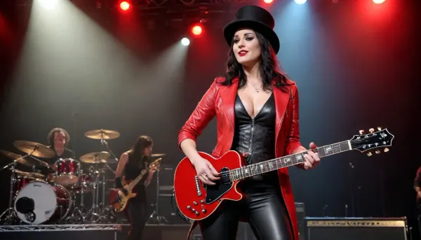 tall hour glass shape thick type woman, thick thighs, thick legs, thick hips, wearing red leather waist coat, weraing black leather jeans, wearing a top hat, playing a guitar, on satge at a concert, full body image facing to the front