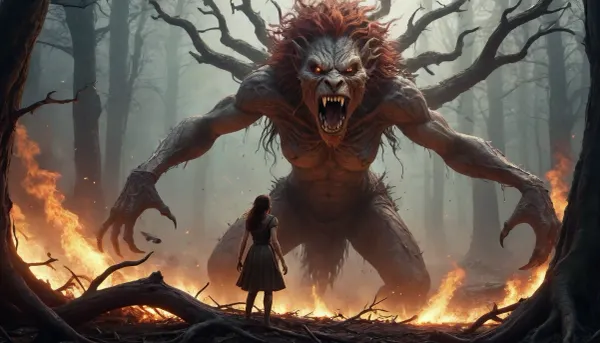 fantasy art illustration, women, beast, intertwine with roots, shreds, fangs, dust, wet, fire, war. /©KlTTY-ART/