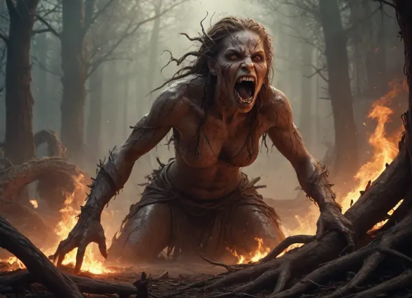 fantasy art illustration, women, beast, intertwine with roots, shreds, fangs, dust, wet, fire, war. /©KlTTY-ART/