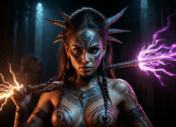 inkwork, dark fantasy, illustration, evil tribal laserlight-painting, <lora:detailed_notrigger:.8>