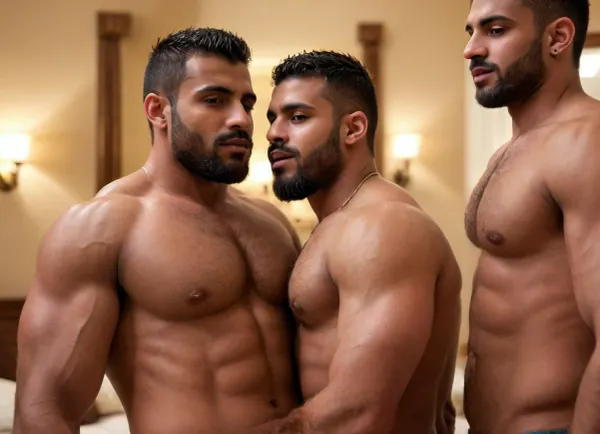 Two Very hairy body's KIssing Passionately, Duo Ga Dark Skin tone, ruggedly handsome and bearded muscular Indian bodybuilder large penis, bright, rear view muscular back, sweaty wet hairy skin, Intricate tattoos, 8k, (Masterpiece, high quality:1.3), masterpiece, depth of field, bokeh, detailed, (homoerotic), Two Hairy Large penis Dominant and Virile very Hairy Arabian hunks with short beard stubble, gold Sacred bracelet, highly detailed face, sharp focus, intricate, elegant, Gayfantasy, cinematic colors, matte, Hyperealiatic photographic-Style, Dynamic Visuals, Dynamic contrast, palace, hairy body, Hairy Chest Huge defined nipples 4k, Both Men being intermate with each other, Touching each other Cocks hardening, both Men holds each, Big, <lora:realistic_male_ass:1.5>, <lora:SDXLHighDetail_v6-000005:.8>, <lora:Dramatic_penis_SDXL:1.2>, <lora:pein:1.2>