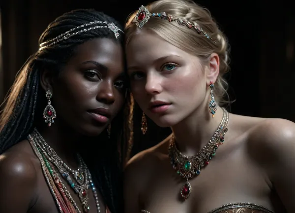 (create a two female lesbisan anilingus scenario:1.4), with, (lesbian women from different cultures:1.7), (ultra-dark skinned woman from Africa with black hair:1.2), (naughty blonde and pale skinned redhead woman from Scandinavian:1.3), (the entire bodies in frame:1.5), in a lavish, (historically inspired colorful ancient Eastern harem:1.1), (colorful elegant dressed harem women with gemstones jewelry are licking each others butthole seductively:1.4), (perfect rendered asshole licking:1.7), (anilingus:1.9), (they desperately want to be fucked by the viewer at any cost:1.4), (presenting their slutty desire with horny poses:1.4), (maximum photo quality:1.4), (maximum resolution:1.5), fingering, pussy, DonMSp3ctr4lXL, holotech, <lora:DonMSp3ctr4lXL-000008:.5>, <lora:dark:.1>, <lora:detailed_notrigger:.6>, <lora:photorealistic_portrait_notrigger:1.1>, <lora:Holotech:.2>