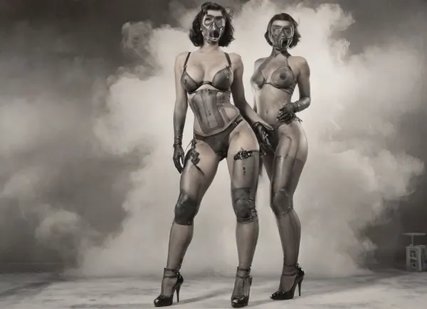 (((ink wash style painting))), A soft lit black and white ink wash painting of a sexy woman walking through a dystopian wasteland. Gas clouds billow around her. Pin-up girl build. she is nude except for a, (((full face gas mask))), a G-string thong, pulled high up her hips and tight against her pussy, (cameltoe:1.4), (and high heels. Sexy tattoos:1.9), (slutty tattoos:1.8), (1.5. Skin wet:.9), (chest red:1.2), (face red:.8), pussy wet, 1.6. She is draped over the top of a Grand piano in the midst of a large crowd. Many people are watching her., (ink-style, ink_wash_painting), <lora:ink-style_A3.1_XL:1.7>, ais-mechdystopia, <lora:Mech_Dystopia_Style_SDXL:.8>, gas, mask, filter, breathing, hose, lenses, latex, <lora:polyhedron_gas_mask-000006:.8>