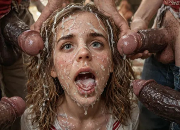 (detail Hermione Granger face), realistic cum, (cum on clothes), cum on, (Cum flows:1), (cum on body), cum on hair, (cum on face), bukkake, ((Clothes and body covered with semen)), (mouth wide open:1.4), (mouth filled with cum:1.5), beautiful face, (cum on hair:1.3), young adult woman, (detail thick white cum on hair), (detail thick white cum on face), (huge dick), (creamy deep deepthroat:1.1), (extreme oral sex:1.4), (huge massive white dick:1.4), (cum), (hands holding hair), close up, detailed and infocus face, extreme details, (volumetric lighting), (maximum quality:1.5), (high resolution:1.5), (maximum detailed:1.5), cum explosion from mouth, cum explosion from nose, wide eyes, throat bulge, puffy cheeks, thick cum, holding her head with both hands, photorealistic, anatomically right, man holding the back her head, sad, sad crying, tongue out, brutal face fuck, Blowjob, hard nipples, (five Black skin hyper large muscular men), (5 very large and hyper thick black cocks), (monster black cock:1.6), sweaty, steamy, detailed face, embarrassed expression, shy, blushing, looking at viewer, almost naked, hourglass waistline, perfect anatomic body, ass up, anal spitroast, gagging on cock, random pose, random view angle, ((hogtied, bound for sex, tied up)), (((hyper gigantic large black cock in mouth:1.3))), cum drips from nose, cum drips from mouth, (pulled nipples:1.2), nipple clamps, spitroast, hair grab, holding head, deepthroat, (((hyper large cock in mouth:1.3))), oral cream pie, screaming, shocked, tearful, deep anal penetration, (pigtails:1.3), cum explosion, post orgasm, last orgasm, shot from below, Uber realistic, 8k, ultra detailed, masterpiece, arched back, detailxl, 35mm photograph, film, professional, 4k, 1girl, 5 boys, hdr, photographic, ultra realistic, ultra high details, back light, (front view), (dynamic pose), best quality, incredible body, anal sex, with large muscular black men, gargantuan black cocks, anal sex expansion, ravenous hyper sex, large hyper muscular black men, interracial gangbang, (interracial sex), swollen black veiny cocks, (double anal penetration), hardcore double penetration, proper physics, big black cocks, muscular black interracial gangbang, (forceful penetrations), extremely graphic, shocked expression, beautiful hands, massive cum in ass detailed background, dynamic angle, volumetric lighting, highly detailed, golden hour lighting, dramatic shadows, rich details, nature-inspired color palette, (eyes wide open in horror:1.24), (wide mouth spreader:1.5), (pleading expression:1.18), (terrified:1.12), (crying:1.2), (fear and panic:1.18), UHD 8K, (full body photograph:1.1), Hermione_Granger, <lora:Hermione_Granger:2>, <lora:detailed_notrigger:2>, <lora:LCMTurboMix_Euler_A_fix:2>, <lora:JuggerCineXL2:2>