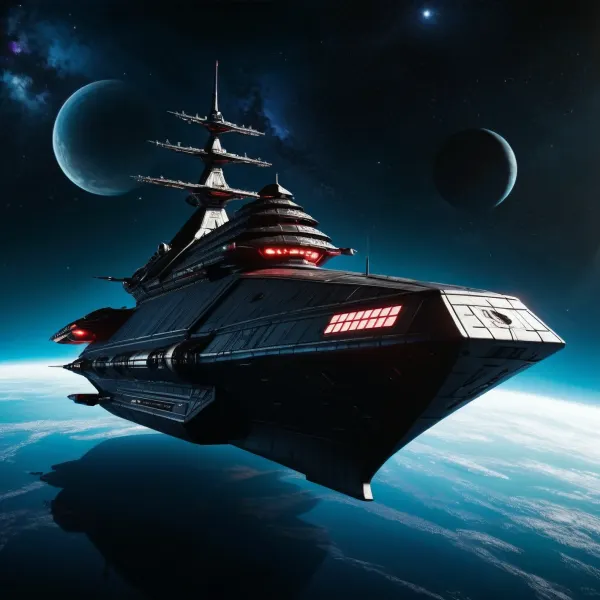 Arcadia-Type Flanking Heavy Space Cruiser, (based on arcadia from "Space Pirate Captain Harlock), important that this is a spaceship rocket type., (Mobile Engagement Ship), Malmerian Visual Treatment

Hull, Obsidian black with sweeping purple plates accentuating the prow

Striping, Bone-white markings along the hull length, sharp and predatory

Hazard Markings, Focused around forward weapon systems and maneuvering thrusters. Accents, Silver-chrome along leading edges and weapon housings

Symbol, Black anvil with red eyes embedded into the forward hull structure

Text, “MALMERA” stamped along the ventral spine. Shape, It's a long thin ship, not wide it's front is heavily reinforced batteringram shaped like a symetrical black anvil with two angular red eyes and a skull and a pistol mixed it's the second thickest part of the ship. but not pointy. It has 12 heavy space naval particle cannons., cinematic shot, dynamic lighting, 75mm, Technicolor, Panavision, cinemascope, sharp focus, fine details, 8k, HDR, realism, realistic, key visual, film still, cinematic color grading, depth of field.

Overall, it's an absolute world-class cinematic masterpiece. It's an aesthetically pleasing cinematic shot with impeccable attention to detail and impressive composition.