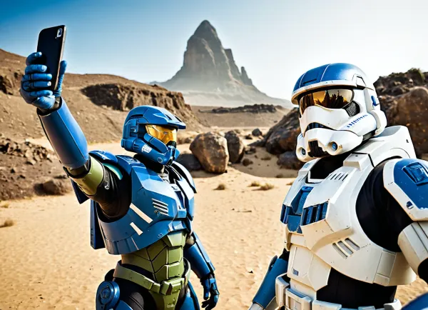 photo of A Warhammer 40K Ultra Marine wearing his full armor taking a selfie with the instagram caption “Look who I found” as he stands next to Master Chief from Halo who’s throwing up the hang ten, and a Clone Trooper giving the rock on hand gesture. Setting is a war torn planet .