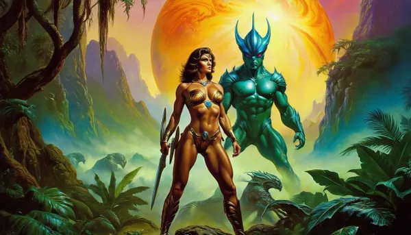 Muscular warrior woman, Boris Vallejo style, colorful alien planet, wild jungle, monster, <lora:Fantasy_art_XL_V1:.9>