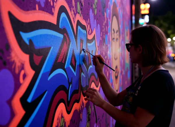 Artist paints, Brazilian graffiti with glowing neon colours, night, 8k, Hyperrealism