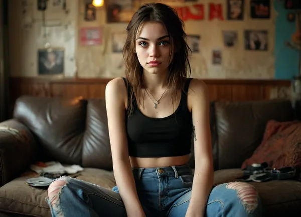 A 21-year-old american grunge girl is sitting on the couch in the run-down band rehearsal room. Her body is tall and waifish, detailed delicate warm diamond-shaped face, nose piercing, dark eye-liner, high check-bones, pointy chin, messy brown hair, grey blue eyes, olive skin, thin lips, no lipstick, (grunge style), cute smirk, delicate features, key visual, intricate detail, highly detailed, breathtaking, vibrant, (messy room, diy style furniture, sparsely furnished, tattered couch, beer cans, guitars, ashtrays, dark wallpaper, light bulbs), masterpiece, (best quality:1.5), soft light, soft backlighting, soft shadows, (best image:1.5), <lora:MJ52:.8>, (full body from a distance)