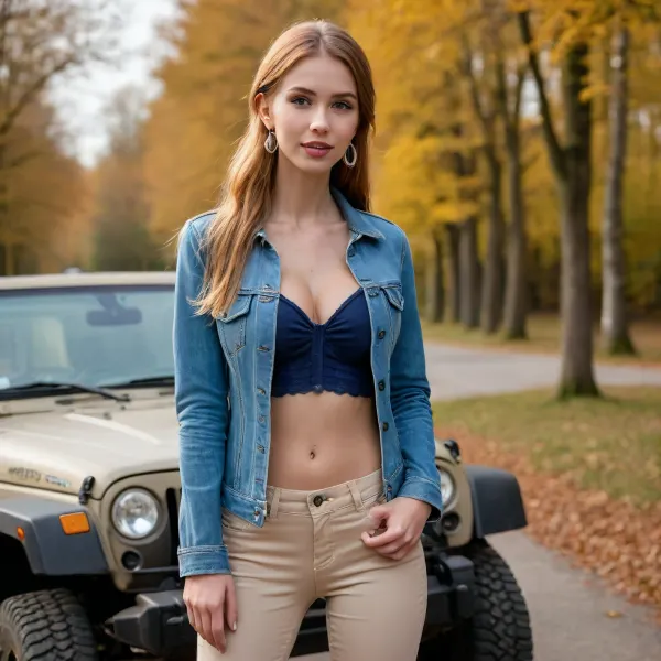 (photo taken in perfect autumn landscape, out of town:1.2), photo shows complete Person, (((leaning against a Jeep))), dynamic, realistic, perfect lighting, (best shadows), 8K, UHD, clear image, (best lighting), best quality, ultra detail, fine detail, high resolution, 8k wallpaper, masterpiece, one female, (European nordic type woman 30 years old:1.5), ((skinny with slender breasts, perky tits:1.4)), (((skinny, tall, height 175 cm, long perfect legs, perfect round ass, autumn narrow waist, wide hips:1.5))), (detailed green eyes, short red hair, shoulder length hair, tied in a french braid at the back, individual hair strands in face:.8), (very detailed face, beautiful, light freckles, tanned skin, full lips), ((wearing a detailed denim jacket with large cleavage, long sleeves, big earrings:1.5), (beige cotton Chino pants:1.5)), boots, (backpack:1.5)
