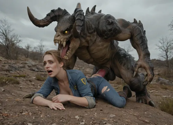 Lucy is dressed in a Vault 111 jumpsuit, is getting aggressively fucked by a massive green Deathclaw out in the Capital Wastes, handjob, Interspecies, Deathclaw, Fallout, lizard penis, mutant male, monster sex, zoophilia, detailed faces detailed eyes, detailed mouth, detailed pupils, detailed teeth, HD, ultra detailed, outdoors, torn suit, grinning female, eyes rolled back, gloomy setting, capital wasteland setting, perfect eyes, cumflation