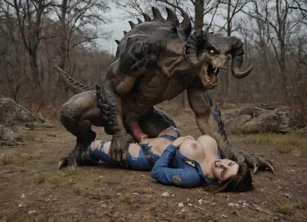 Lucy is dressed in a Vault 111 jumpsuit, is getting aggressively fucked by a massive green Deathclaw out in the Capital Wastes, handjob, Interspecies, Deathclaw, Fallout, lizard penis, mutant male, monster sex, zoophilia, detailed faces detailed eyes, detailed mouth, detailed pupils, detailed teeth, HD, ultra detailed, outdoors, torn suit, grinning female, eyes rolled back, gloomy setting, capital wasteland setting, perfect eyes, cumflation