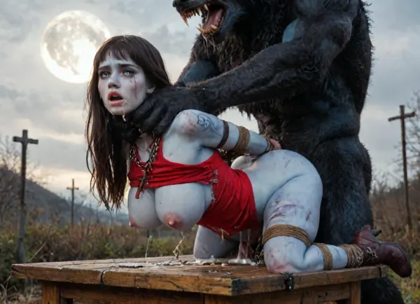 (vampirella:1.32), ((Vampirella is a tall, pale woman with a mane of raven-black hair and green eyes. Her look is that of a skimpy, red sling bathing suit barely covering her nipples and genitalia, with a golden bat emblem over the crotch. She wears an upturned white collar at her neck, long, high-heeled black boots, and a golden bracelet on one arm)), female drow elf barbarian, (blue skin:1.82), tall, angry, busty, curvy, thin waist, big boobs, big butt, slim, fit, vitiligo, strong, fur pelt armor, dungeons and dragons, purplish blue skin, black and purple hair, Dark, Elf, Warrior, tattooed, scarred, purple eyes, blue skin, amazon, giant, fur barbarian armor, bloody, blood spatter, bear, bear heart, (in a bloody filed after a battle, white full moon in the sky:1.4), (man is choking her from behind:1.2), ((hogtied, bound with large chains, crucified to a torture table, spikes through hands:1.3)), (torture:1.32), horror-themed, (NSFW, rating_explicit:2), (looking at viewer:1.6), (female_focus:1.1), (6 hyper huge werewolves), with glowing red, (malevolent eyes:1.2), huge monster werewolf dick, crying, extreme cumshot, cum on face, cum on body, side view, lifted between two, bukkake, cum in face, (werewolf is choking her from behind:1.6), ((hogtied, bound with large chains, tied to a torture table:1.18)), ((12 giant muscular werewolf:1.4)), (opening wide her little mouth:1.5), (analrape werewolf sex), ((anal fuck 1.5)), (hyper massive werewolf cock:1.2), of the beast is to big for her little mouth, (4 gigantic African black brute thug, huge trunklike arms, huge head, hyper muscular body, dressed in slave clothes:1.32), ((hogtied, bound for sex, tied up)), (covered in cum), ((tears:2)), large hyper muscular fat old werewolf, (double anal sex), swollen white veiny cocks, (double anal penetration:1.4), hardcore double penetration, proper physics, big white cocks, muscular old werewolf double anal gangbang, Uber realistic, 8k, ultra detailed, masterpiece, arched back, detailxl, 35mm photograph, film, professional, 4k, 1girl, 5 boys, hdr, photographic, ultra realistic, ultra high details, back light, (front view), (dynamic pose), best quality, incredibly lean body, anal sex, with large muscular werewolf, gargantuan werewolf cocks, magazine cover, Realism_Quality_2xx_By_Stable_Yogi, score_9, score_8_up, score_7_up, (((very pretty face:1.3))), (((extremely ultra detailed face:1.3))), perfect fingers and hands, upper body view, (extreme size difference:1.6), (ultra realistic), (maximum quality), (high resolution), (extreme detail), (ultra realism), UHD, super high quality, highly detailed, high resolution, perfect lighting, natural lighting, (dynamic angle), (random angle), (random pose), (dynamic view), (random view), golden hour, rich details, nature-inspired color palette, <lora:Dark_Elf_Warrior:2>, <lora:zavy-brbrn-sdxl:2>, <lora:LCMTurboMix_Euler_A_fix:2>, <lora:EdobHorrorLandscape_XL_v1.0:2>, <lora:EdobWerewolf_XL_v1.0:2>