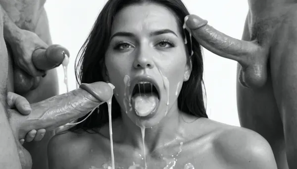 (milf:1.2), (black&white:1.9), white background, white room, close-up of a white man's 18 inch penis, hard-on, big testicles, the white man is sitting with his back to the wall, masturbating, he is shooting a cumshot on the face of a naked busty white woman, topless, gorgeous, (milf:1.1), (extremely long smooth black hair:1.5), (wide_hips:1.5), (Massive ass:1.1), (massive breasts:1), thin waist, the white woman is wearing shimmering shiny glossy black pantyhose with open crotch, The white woman is laying on her back, (gaping mouth:1.2), (realistic excessive thick runny cum all over her face and body), licking the dickhead of the whiten man's penis, mouthfull of cum, excessive cum dripping out of her open mouth, nose full of cum, mouth full of cum, lots of very thick cum, loads of cum, woman, on, face, excessive bukkake, cum, facialized, superfacialized, surrounded by dicks, 2+ men.